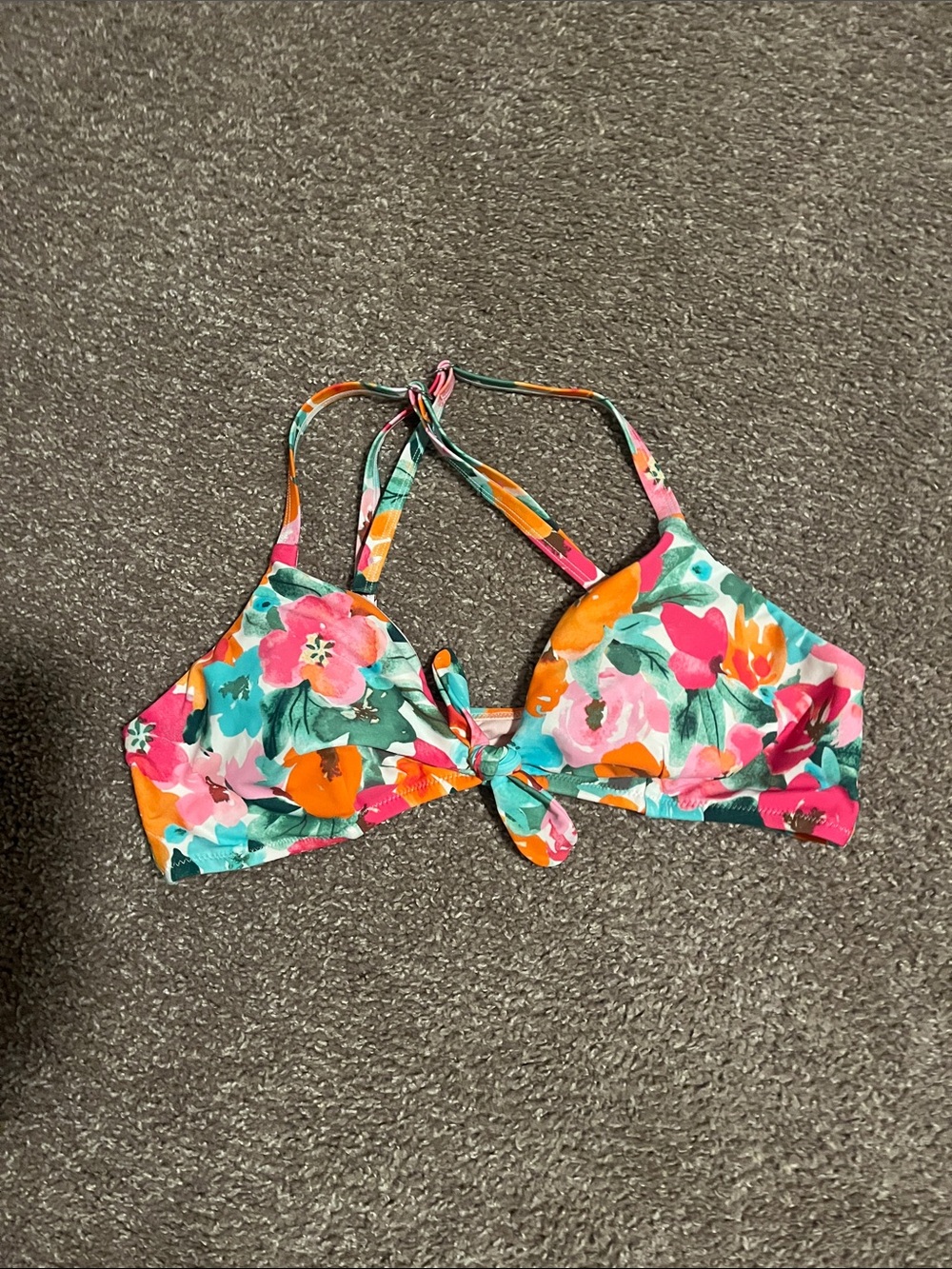 Floral Tie-Front Bikini Top - Pink, Orange & Teal
